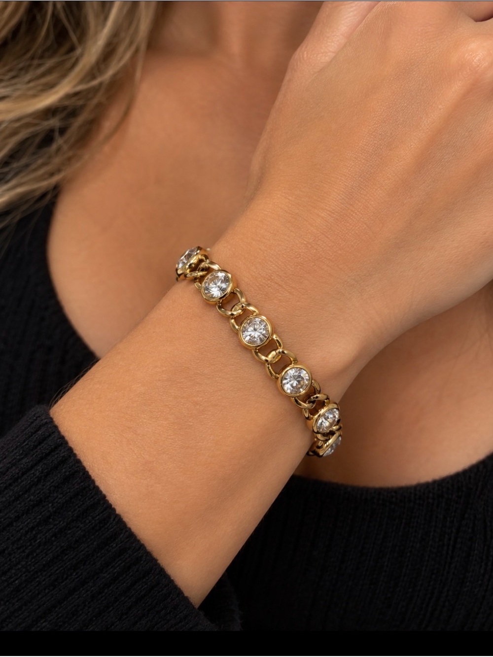 Vintage Gold Tone Bracelet Curb Link with Brilliant Stones Small Wrist.
